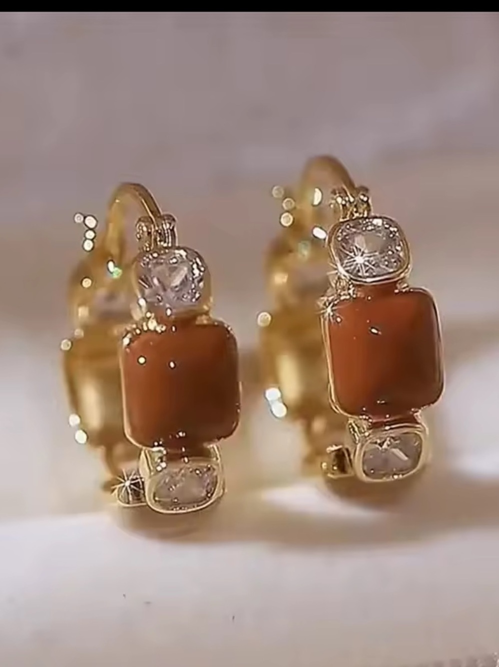 Anthropologie Gold Hoop Earrings with Brown and Clear Stones
